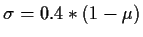 $\sigma = 0.4 * (1 - \mu)$