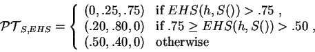 \begin{displaymath}\mathcal{PT}_{S,EHS} = \left\{
\begin{array}{ll}
(0,.25,.75)...
... }, \\
(.50,.40,0) & \text{otherwise} \\
\end{array}\right.
\end{displaymath}