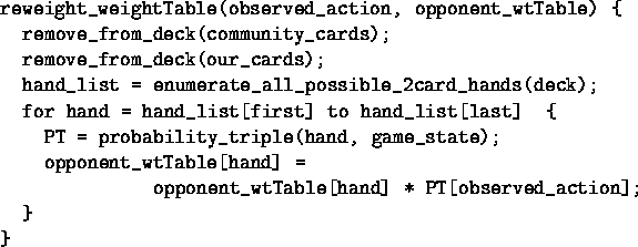 \begin{figure}
\begin{tex2html_preform}\begin{verbatim}reweight_weightTable(obse...
...nd] * PT[observed_action];
}
}\end{verbatim}\end{tex2html_preform}\end{figure}